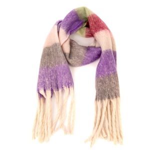 Cozy Striped Plush Oblong Scarf With Fringe in Purple Multicolored